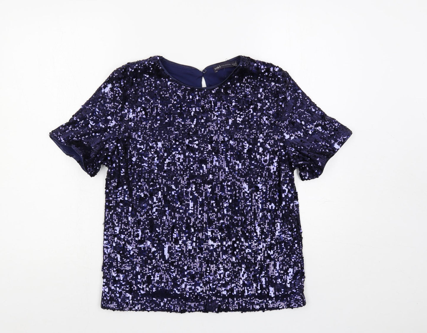 Marks and Spencer Womens Blue Polyester Basic Blouse Size 8 Round Neck - Sequin