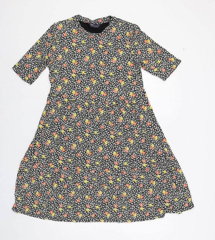 Marks and Spencer Womens Black Floral Viscose T-Shirt Dress Size 12 Crew Neck Pullover