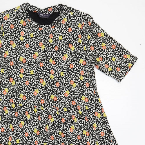 Marks and Spencer Womens Black Floral Viscose T-Shirt Dress Size 12 Crew Neck Pullover