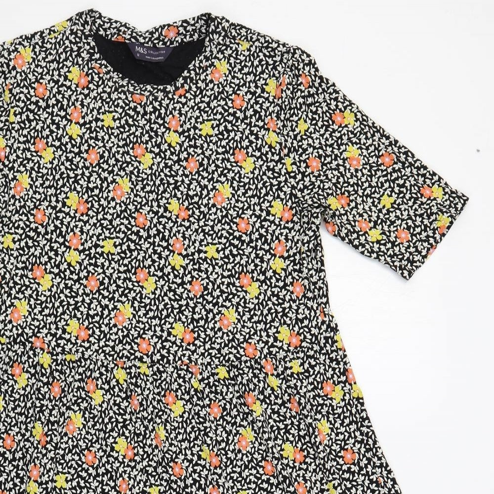 Marks and Spencer Womens Black Floral Viscose T-Shirt Dress Size 12 Crew Neck Pullover