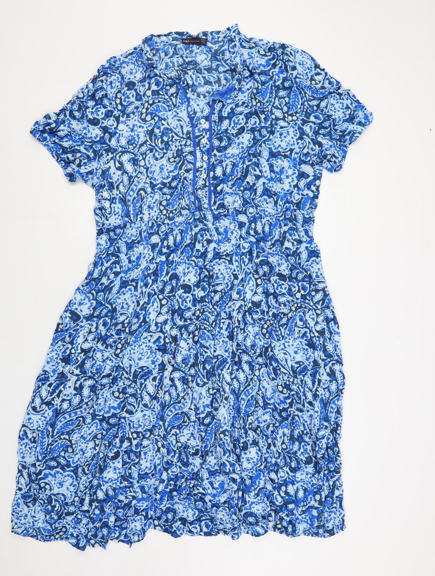 Marks and Spencer Womens Blue Paisley Viscose A-Line Size 20 V-Neck Button