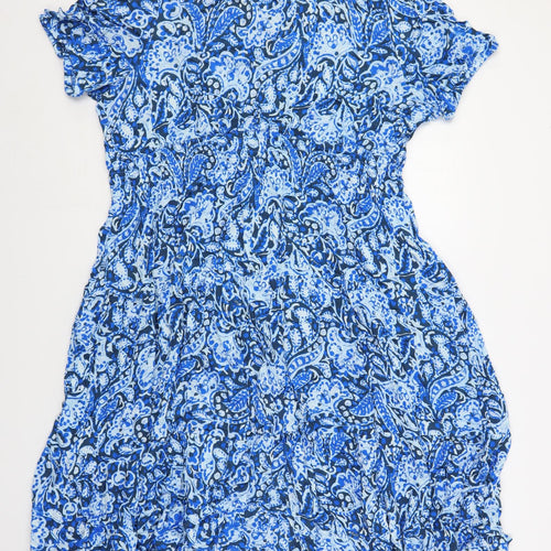 Marks and Spencer Womens Blue Paisley Viscose A-Line Size 20 V-Neck Button