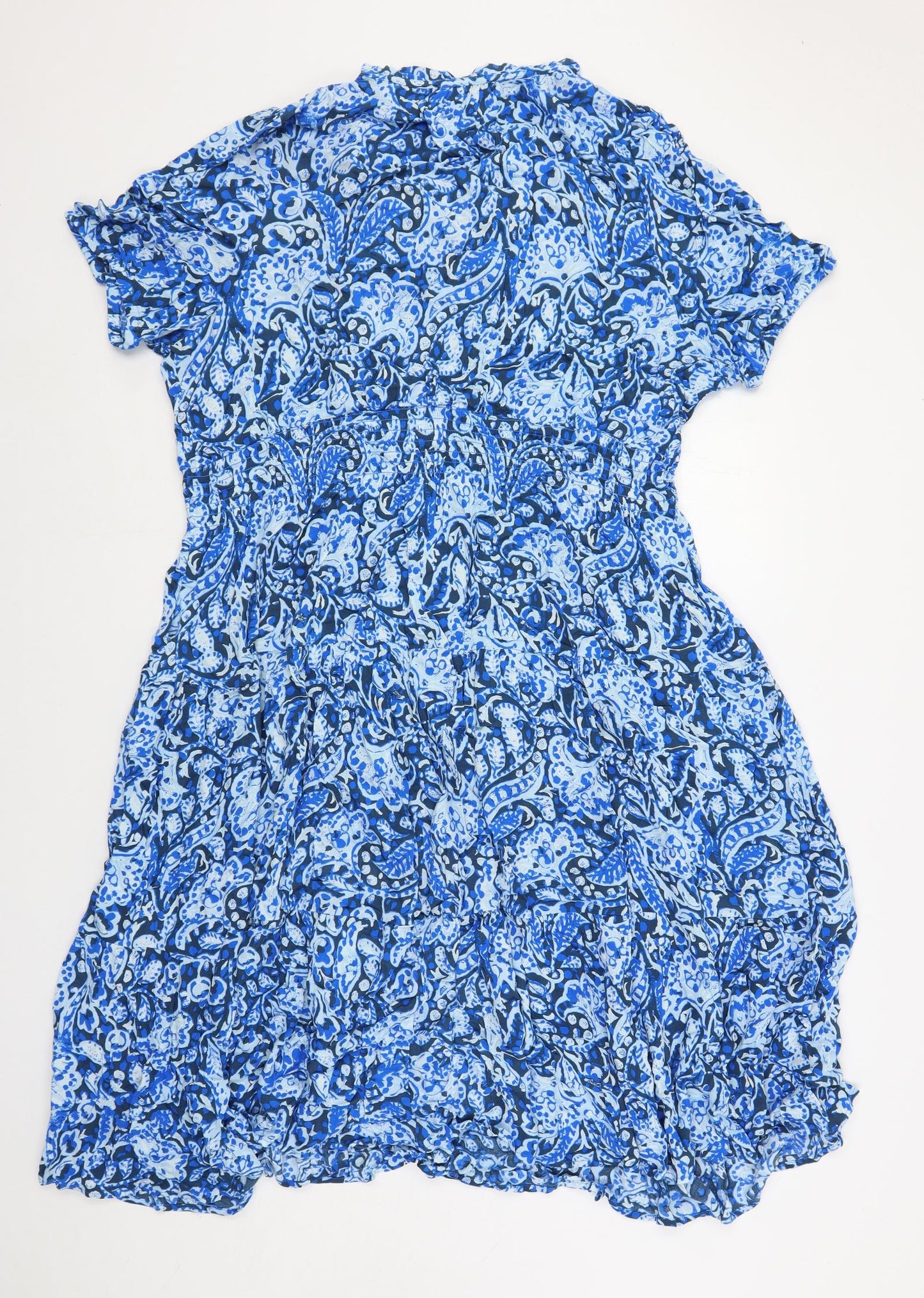 Marks and Spencer Womens Blue Paisley Viscose A-Line Size 20 V-Neck Button