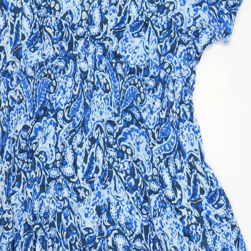 Marks and Spencer Womens Blue Paisley Viscose A-Line Size 20 V-Neck Button
