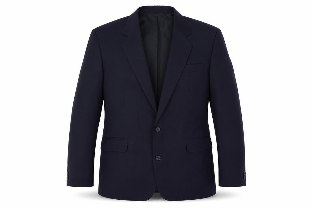 Front view of Made In England men’s blue polyester jacket suit jacket, size 42, regular