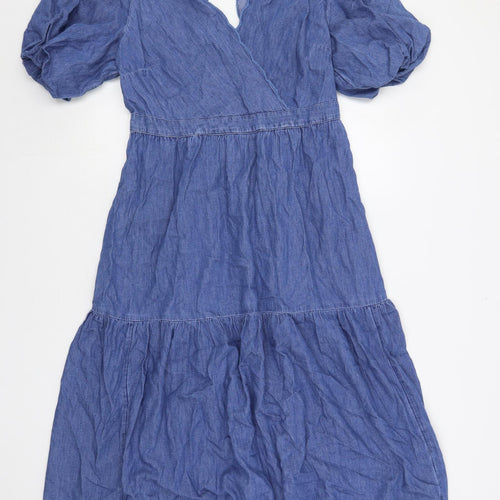 Marks and Spencer Womens Blue Cotton A-Line Size 12 V-Neck Button - Puff Sleeve