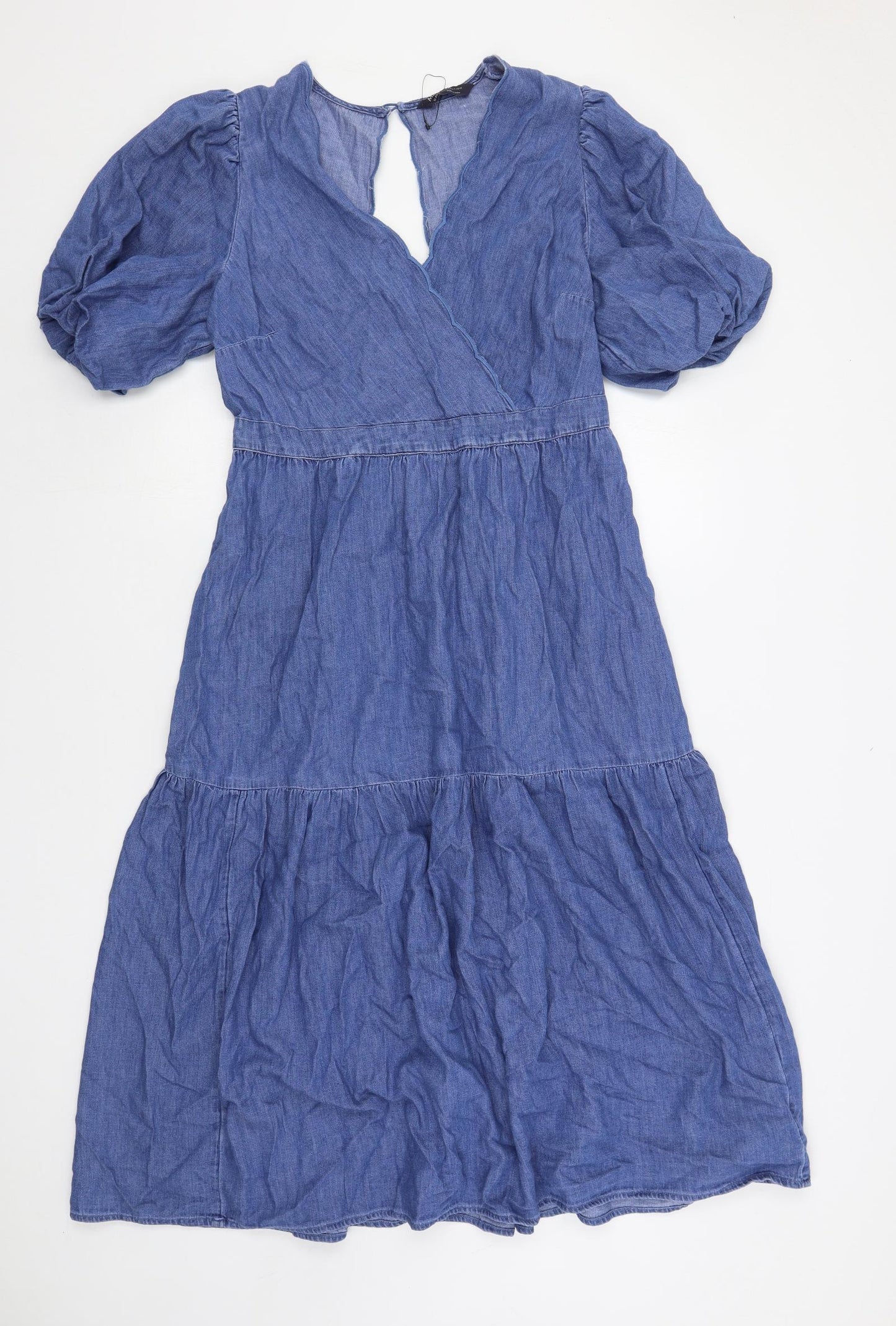 Marks and Spencer Womens Blue Cotton A-Line Size 12 V-Neck Button - Puff Sleeve