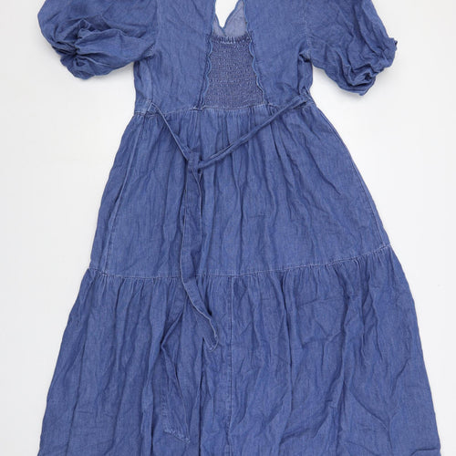 Marks and Spencer Womens Blue Cotton A-Line Size 12 V-Neck Button - Puff Sleeve