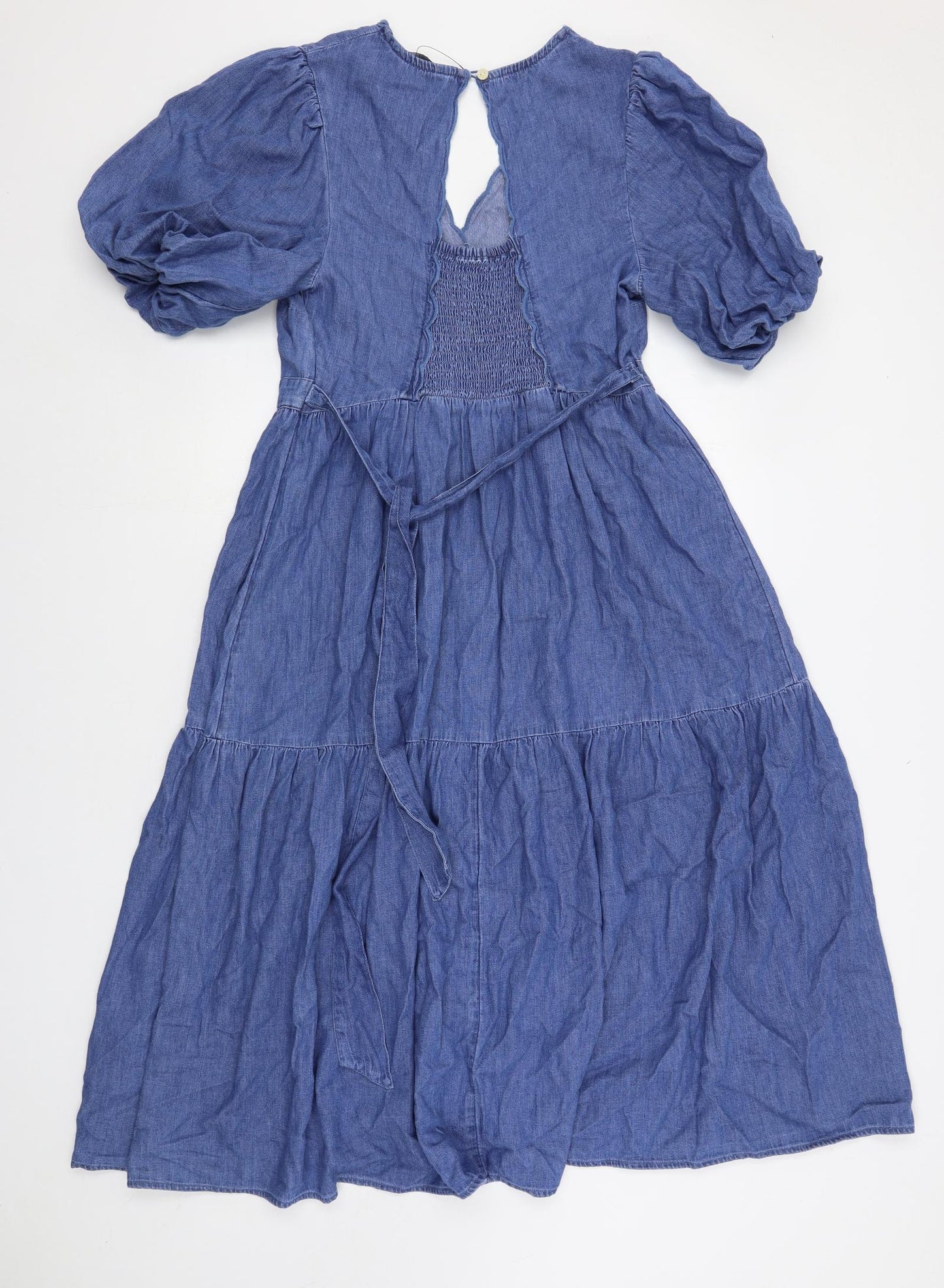 Marks and Spencer Womens Blue Cotton A-Line Size 12 V-Neck Button - Puff Sleeve