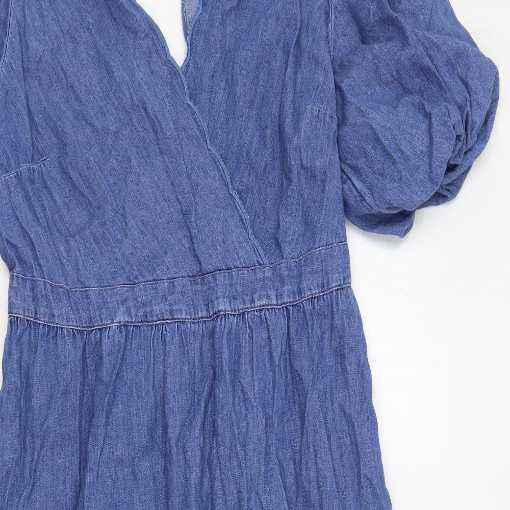 Marks and Spencer Womens Blue Cotton A-Line Size 12 V-Neck Button - Puff Sleeve