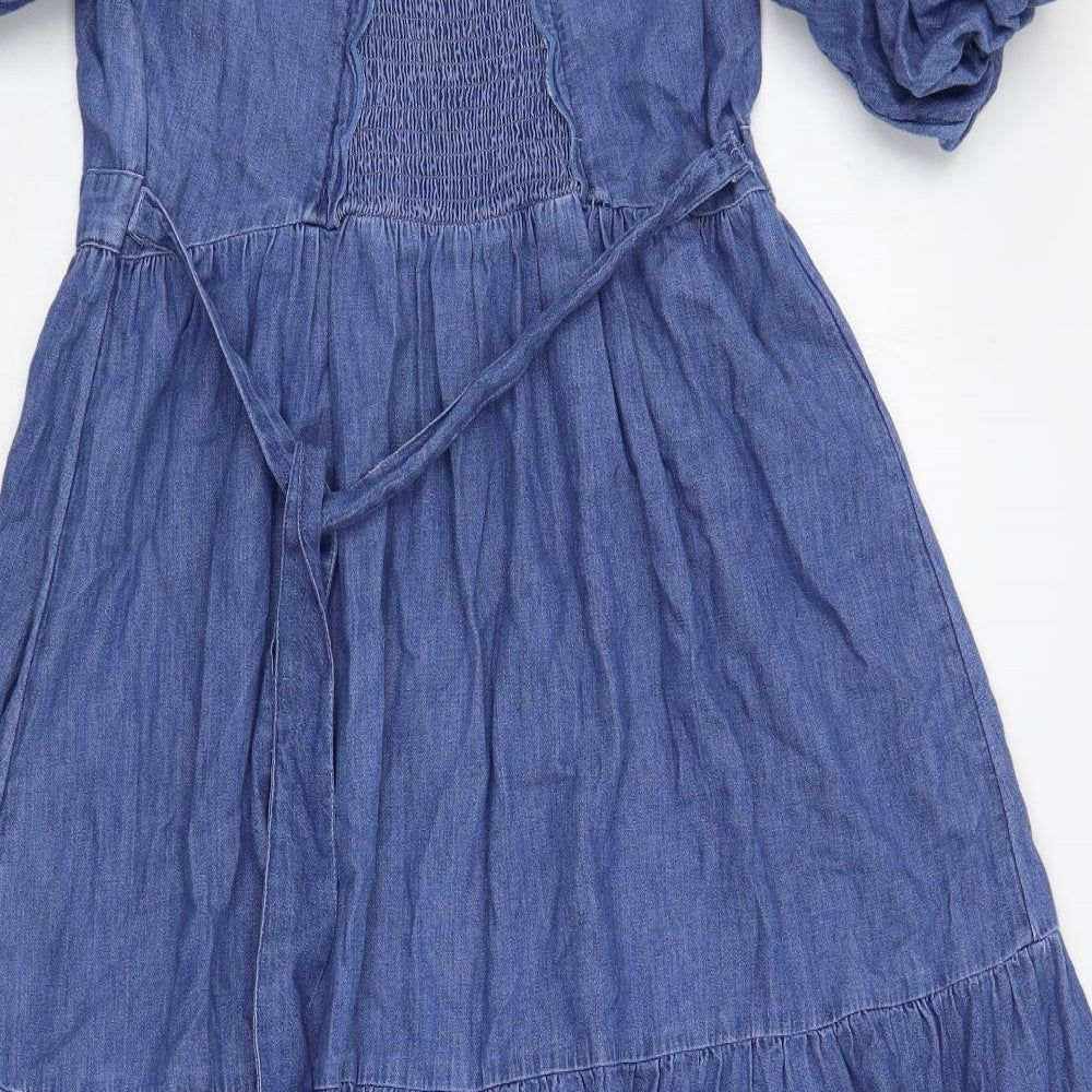 Marks and Spencer Womens Blue Cotton A-Line Size 12 V-Neck Button - Puff Sleeve