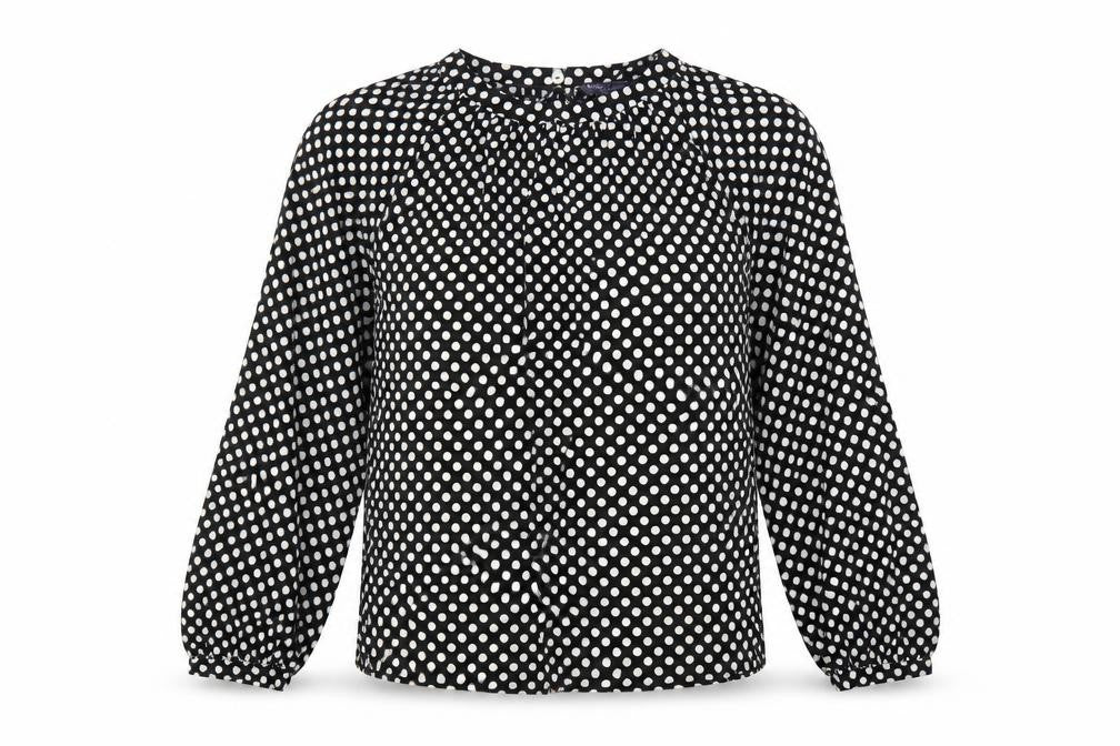 Front view of Marks & Spencer women’s black polka dot polyester basic blouse, size UK 8, round neck
