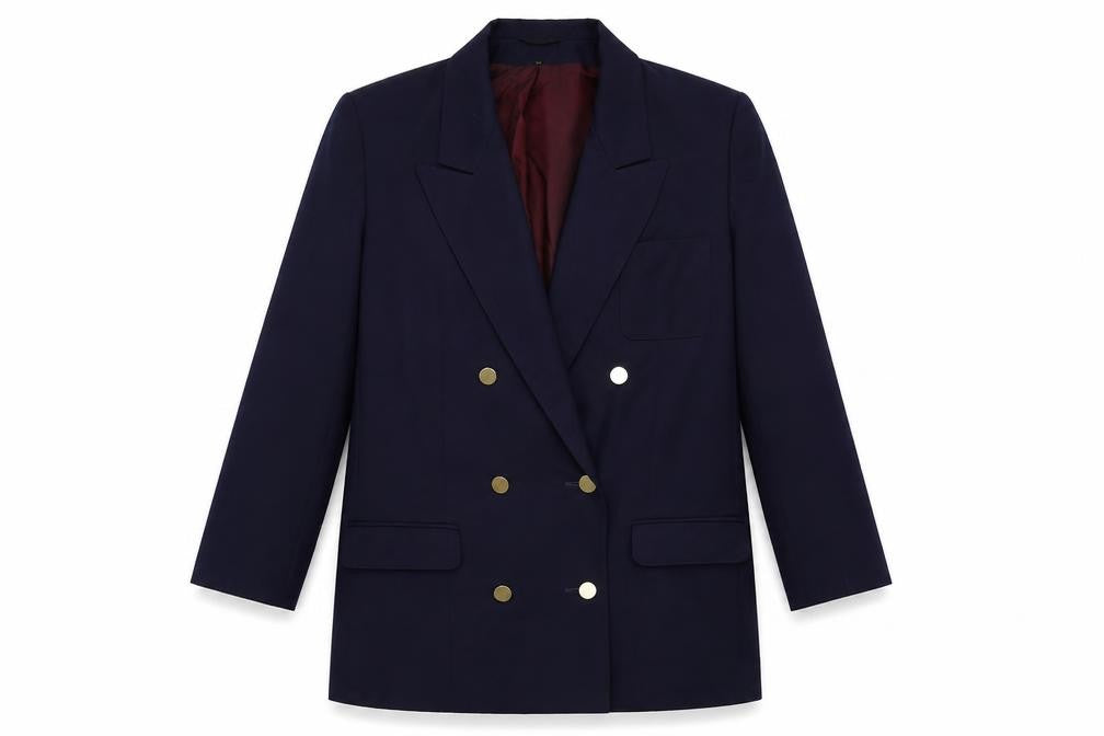 Front view of Admyra women’s blue jacket blazer, size UK 10, button