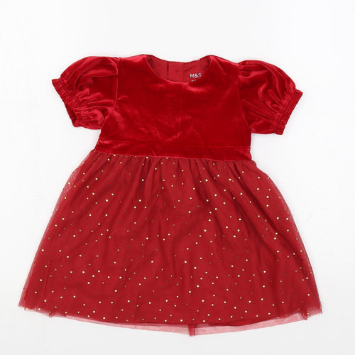 Marks and Spencer Girls Red Polka Dot Polyester A-Line Size 12-18 Months Round Neck Button - Lined