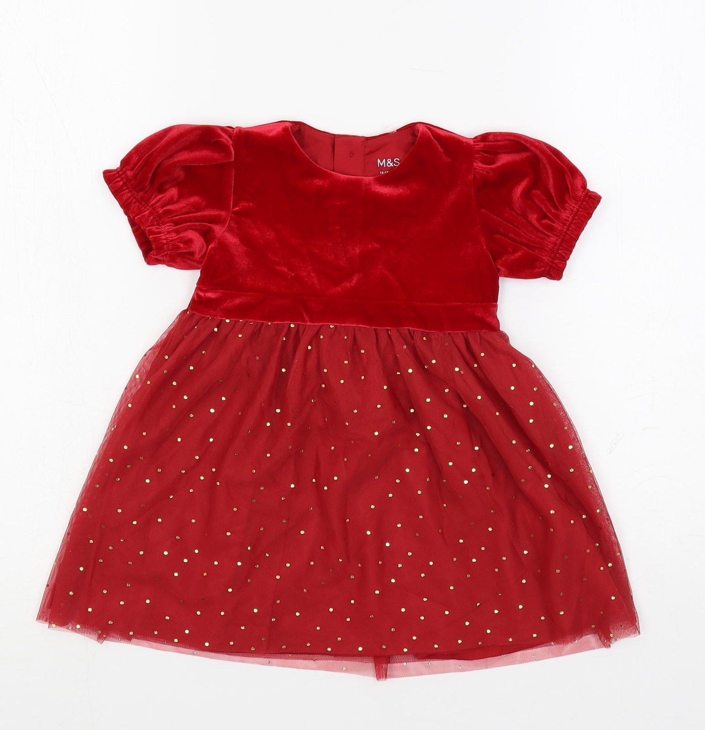 Marks and Spencer Girls Red Polka Dot Polyester A-Line Size 12-18 Months Round Neck Button - Lined