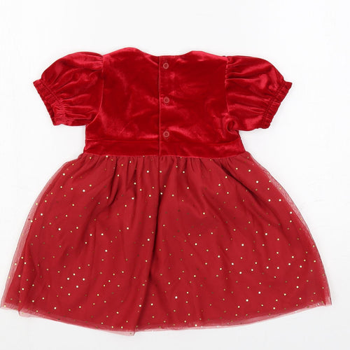 Marks and Spencer Girls Red Polka Dot Polyester A-Line Size 12-18 Months Round Neck Button - Lined