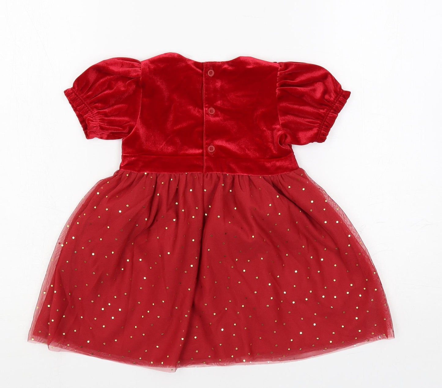 Marks and Spencer Girls Red Polka Dot Polyester A-Line Size 12-18 Months Round Neck Button - Lined