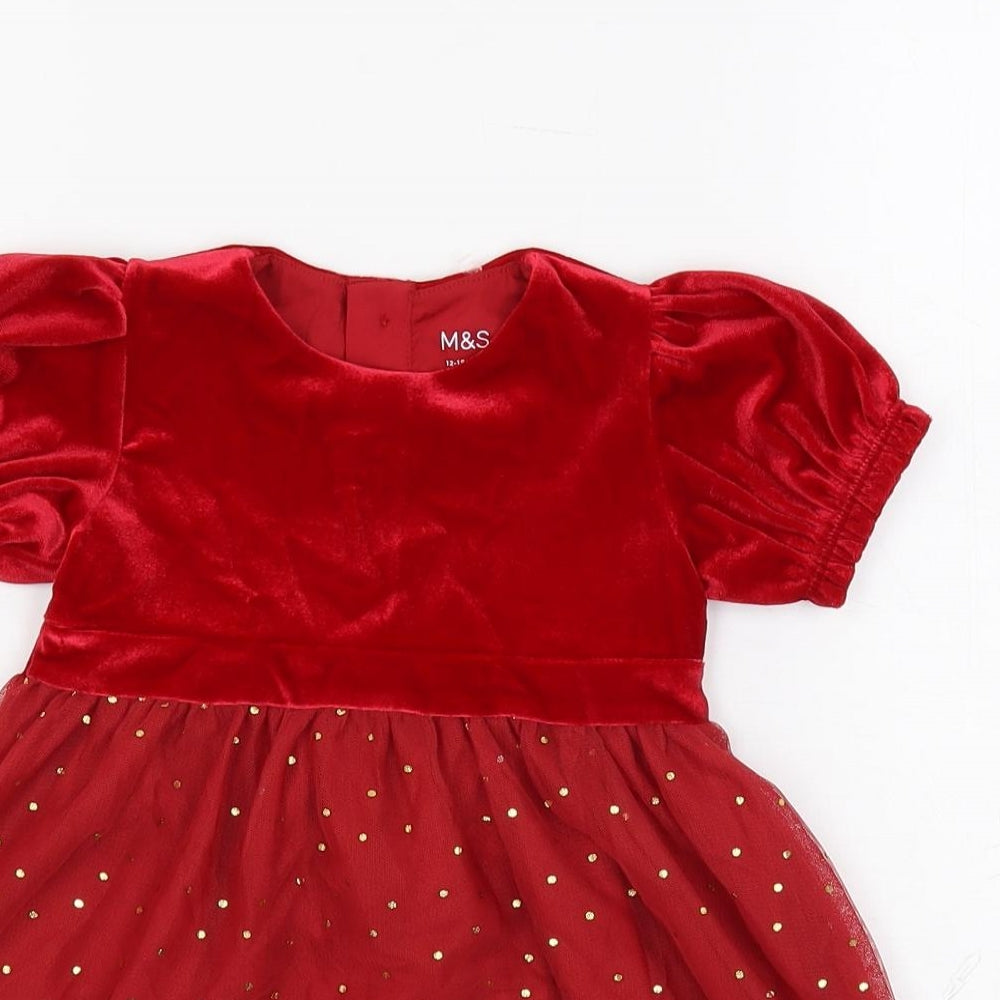 Marks and Spencer Girls Red Polka Dot Polyester A-Line Size 12-18 Months Round Neck Button - Lined