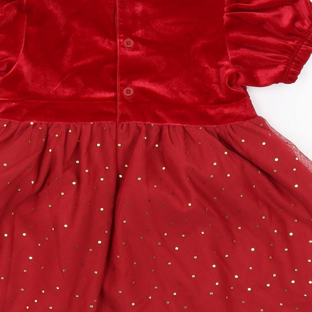 Marks and Spencer Girls Red Polka Dot Polyester A-Line Size 12-18 Months Round Neck Button - Lined