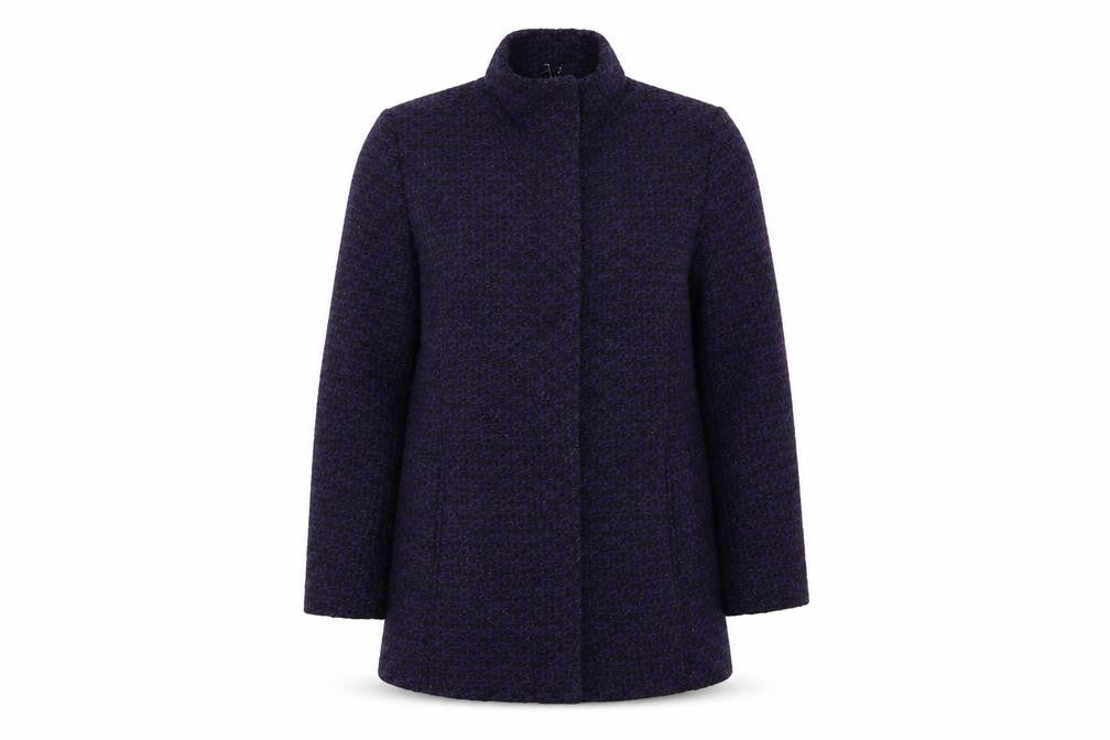 Front view of Classics women’s purple overcoat coat, size UK 18, button