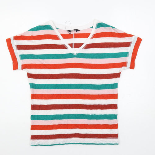 Marks and Spencer Womens Multicoloured Striped Linen Basic T-Shirt Size 8 V-Neck