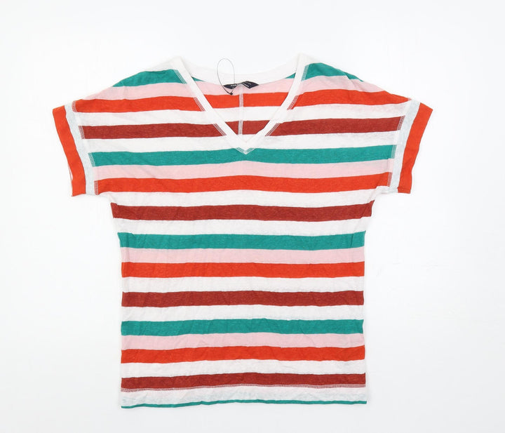 Marks and Spencer Womens Multicoloured Striped Linen Basic T-Shirt Size 8 V-Neck