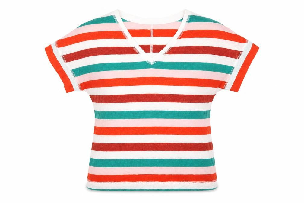 Front view of Marks & Spencer women’s multicoloured striped linen basic t-shirt, size UK 8, v-neck