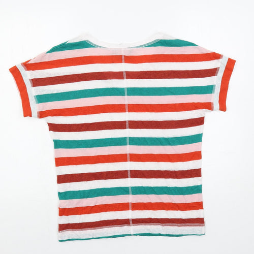 Marks and Spencer Womens Multicoloured Striped Linen Basic T-Shirt Size 8 V-Neck