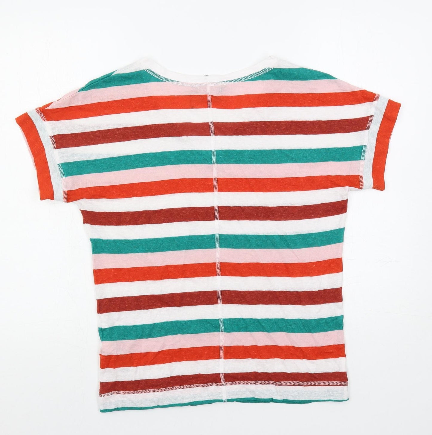 Marks and Spencer Womens Multicoloured Striped Linen Basic T-Shirt Size 8 V-Neck