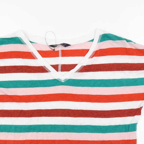 Marks and Spencer Womens Multicoloured Striped Linen Basic T-Shirt Size 8 V-Neck