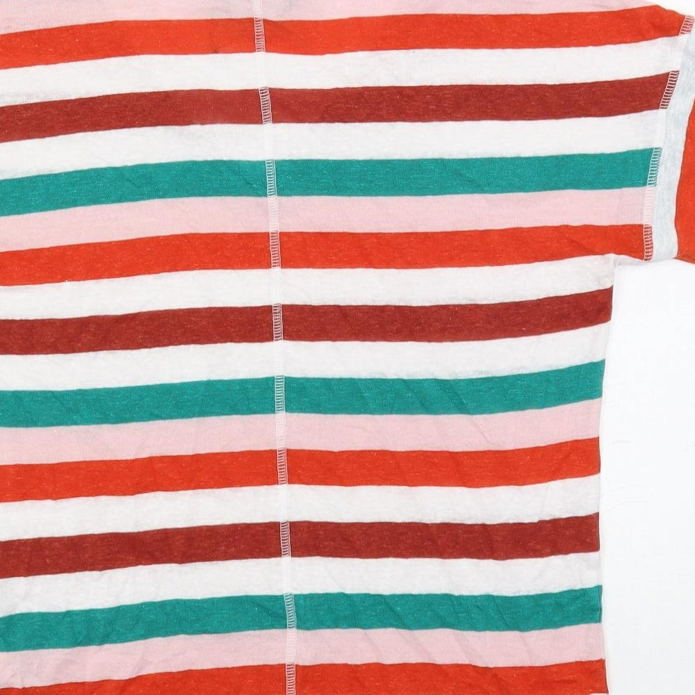 Marks and Spencer Womens Multicoloured Striped Linen Basic T-Shirt Size 8 V-Neck