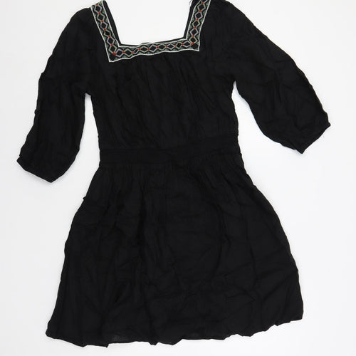 Marks and Spencer Womens Black Linen A-Line Size 10 Square Neck Pullover - Embroidered