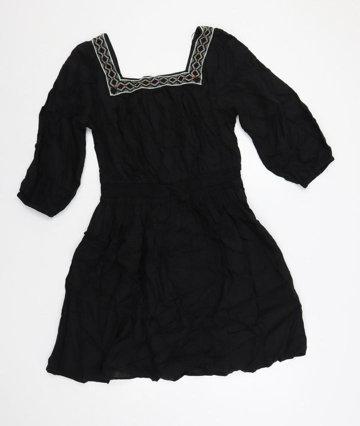 Marks and Spencer Womens Black Linen A-Line Size 10 Square Neck Pullover - Embroidered