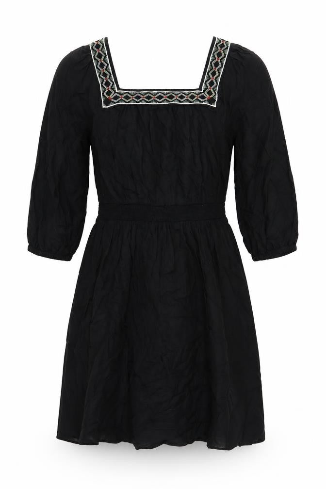 Front view of Marks & Spencer women’s black linen a-line, size UK 10, square neck pullover - embroidered