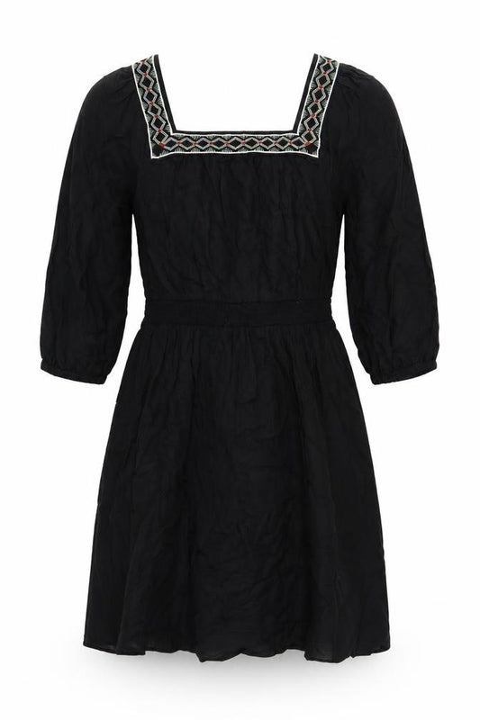 Front view of Marks & Spencer women’s black linen a-line, size UK 10, square neck pullover - embroidered