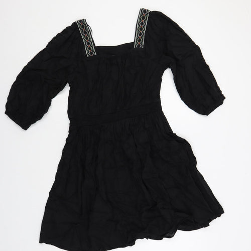 Marks and Spencer Womens Black Linen A-Line Size 10 Square Neck Pullover - Embroidered