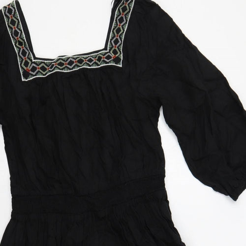 Marks and Spencer Womens Black Linen A-Line Size 10 Square Neck Pullover - Embroidered