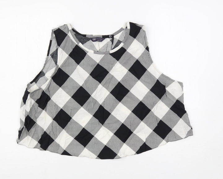 Marks and Spencer Womens Black Plaid Viscose Basic Blouse Size 22 Boat Neck - Open Back