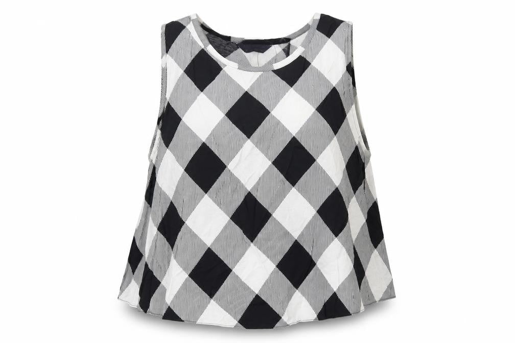 Front view of Marks & Spencer women’s black plaid viscose basic blouse, size UK 22, boat neck - open back