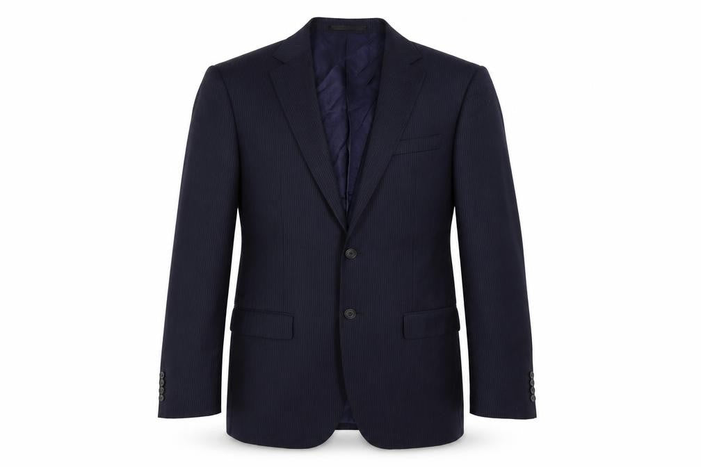 Front view of Marks & Spencer men’s blue striped wool jacket suit jacket, size 40, regular