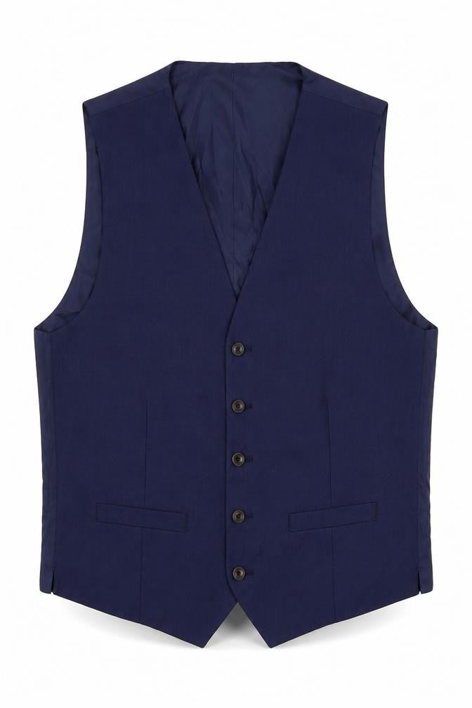 Front view of Marks & Spencer men’s blue polyester jacket suit waistcoat, size 40, regular