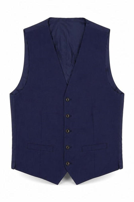 Front view of Marks & Spencer men’s blue polyester jacket suit waistcoat, size 40, regular