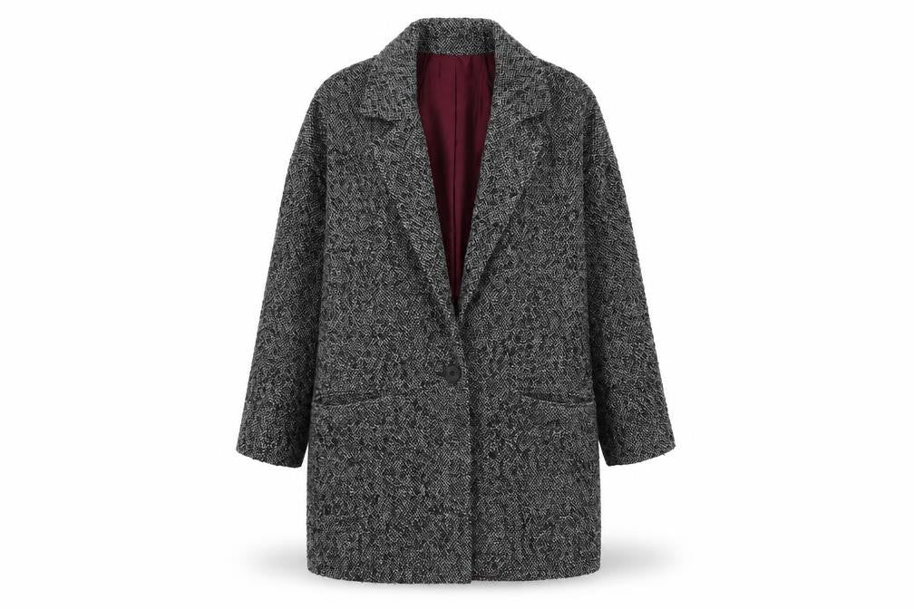 Front view of River Island women’s grey overcoat coat, size UK 8, button