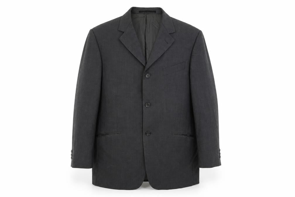 Front view of Remus Uomo men’s grey striped polyester jacket suit jacket, size 40, regular