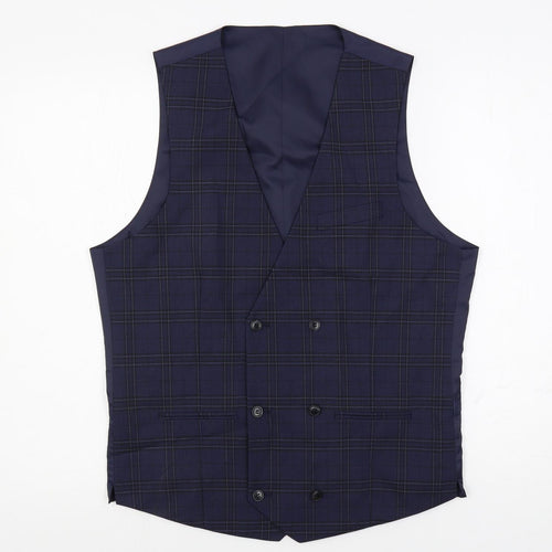 Marks and Spencer Mens Blue Plaid Polyester Jacket Suit Waistcoat Size 40 Regular