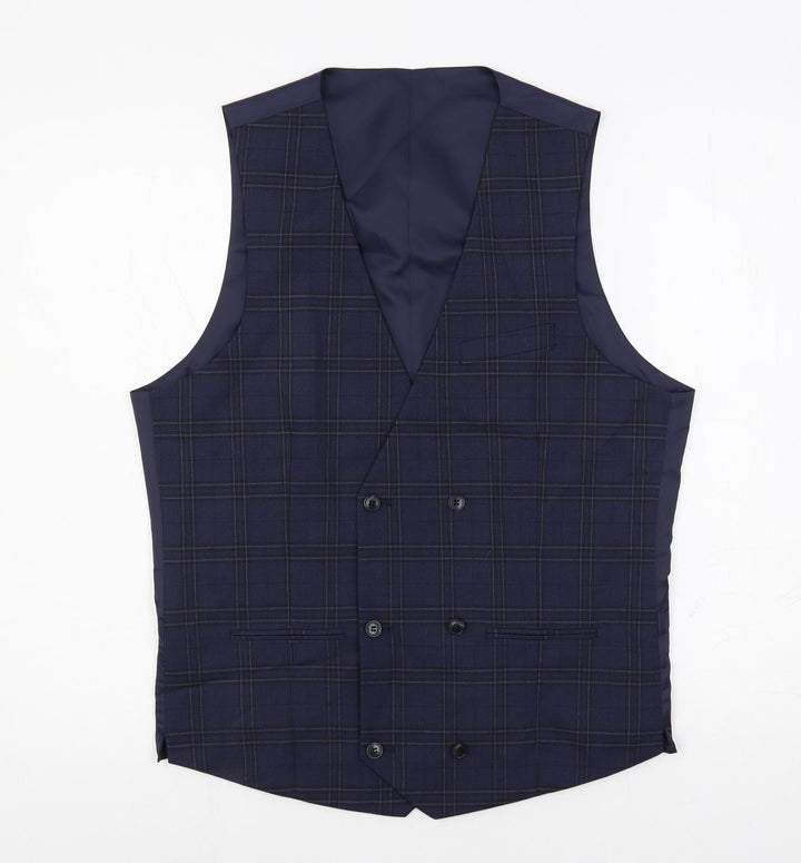 Marks and Spencer Mens Blue Plaid Polyester Jacket Suit Waistcoat Size 40 Regular