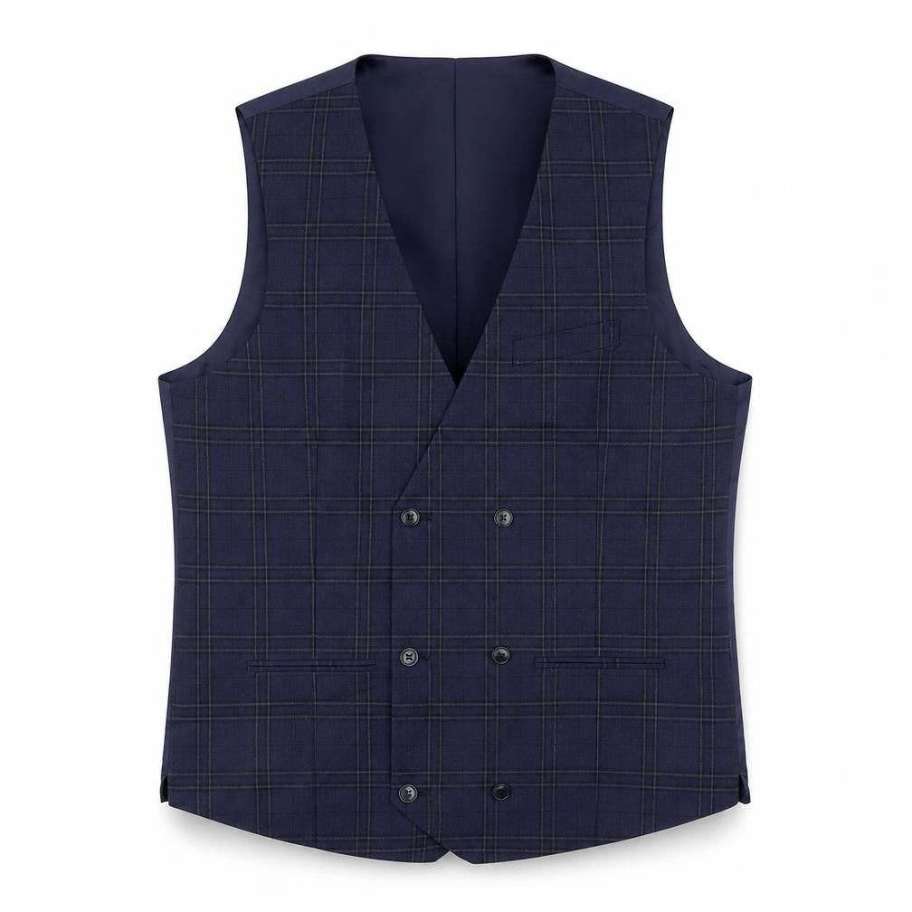 Front view of Marks & Spencer men’s blue plaid polyester jacket suit waistcoat, size 40, regular