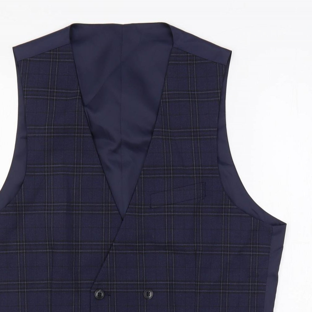 Marks and Spencer Mens Blue Plaid Polyester Jacket Suit Waistcoat Size 40 Regular