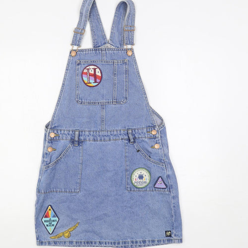 Marks and Spencer Girls Blue Cotton Pinafore/Dungaree Dress Size 13-14 Years Square Neck Button - Harry Potter