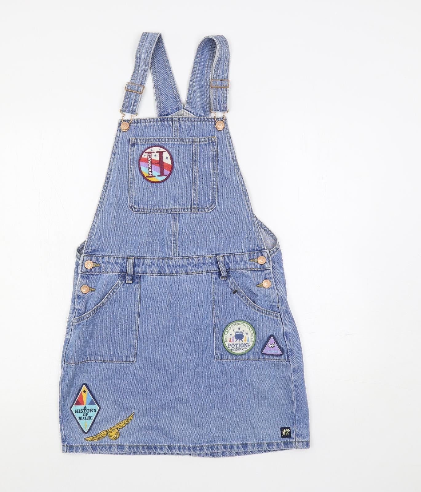 Marks and Spencer Girls Blue Cotton Pinafore/Dungaree Dress Size 13-14 Years Square Neck Button - Harry Potter